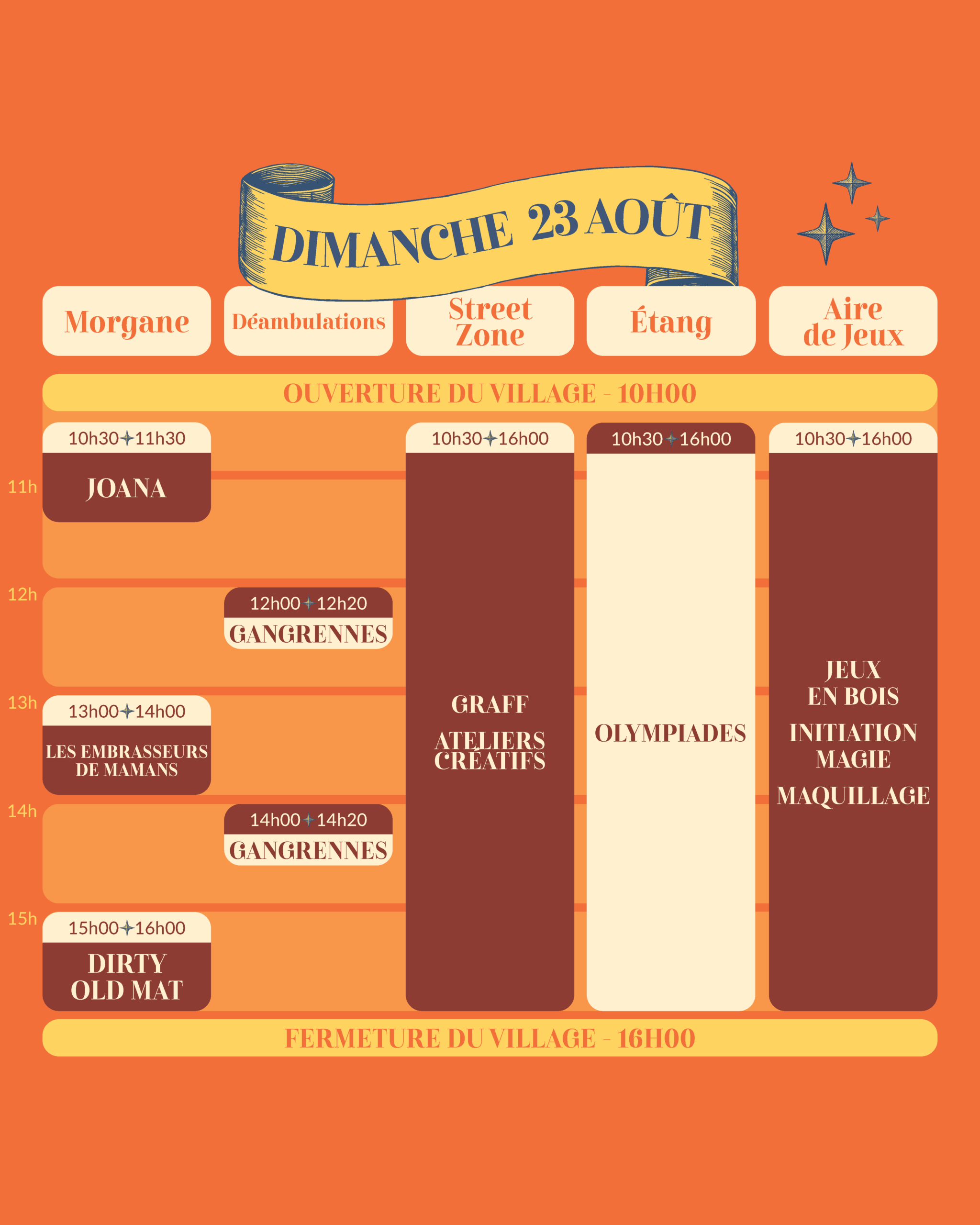 Horaires village dimanche 2026
